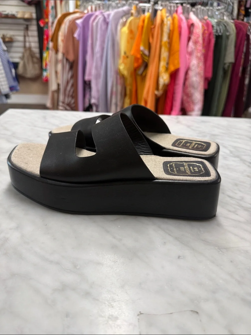 Emerson Fry Black Leather Platform Slides Size 9